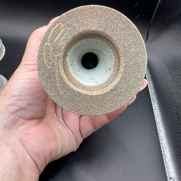 2 MCM Studio Art Pottery Candle Holder Cut Out Pedestal Blue Set Of 2 signed - Picture 7 of 11